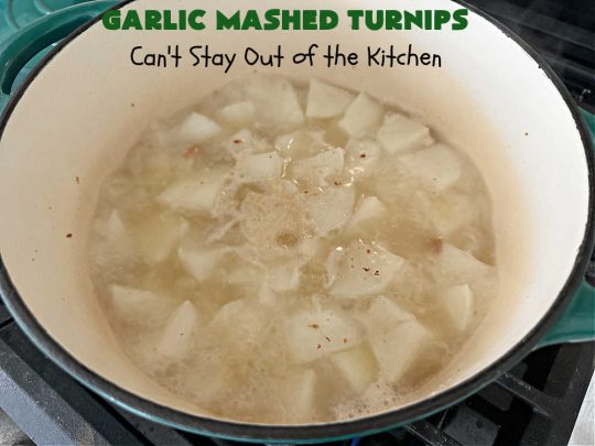 Garlic Mashed Turnips | Can't Stay Out of the Kitchen | this fabulous #SideDish is made like #GarlicMashedPotatoes but with #turnips instead. It also includes #bacon which adds a savory deliciousness that can' be beat. Terrific accompaniment for #Christmas, #Easter or #Thanksgiving dinners, company dinners or for #steak, #chicken or #pork. #garlic #GlutenFree #GarlicMashedTurnips