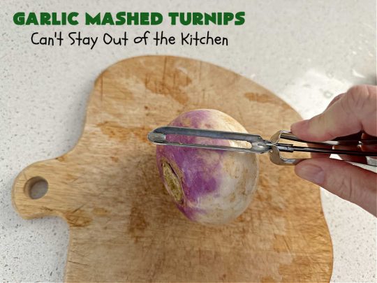 Garlic Mashed Turnips | Can't Stay Out of the Kitchen | this fabulous #SideDish is made like #GarlicMashedPotatoes but with #turnips instead. It also includes #bacon which adds a savory deliciousness that can' be beat. Terrific accompaniment for #Christmas, #Easter or #Thanksgiving dinners, company dinners or for #steak, #chicken or #pork. #garlic #GlutenFree #GarlicMashedTurnips