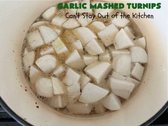 Garlic Mashed Turnips | Can't Stay Out of the Kitchen | this fabulous #SideDish is made like #GarlicMashedPotatoes but with #turnips instead. It also includes #bacon which adds a savory deliciousness that can' be beat. Terrific accompaniment for #Christmas, #Easter or #Thanksgiving dinners, company dinners or for #steak, #chicken or #pork. #garlic #GlutenFree #GarlicMashedTurnips