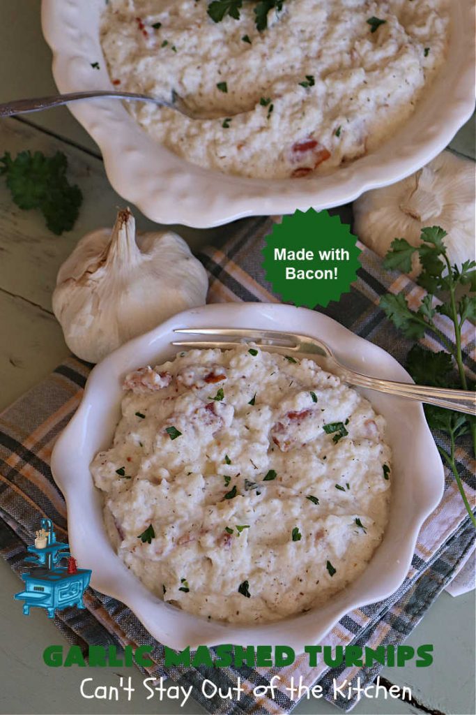 Garlic Mashed Turnips | Can't Stay Out of the Kitchen | this fabulous #SideDish is made like #GarlicMashedPotatoes but with #turnips instead. It also includes #bacon which adds a savory deliciousness that can' be beat. Terrific accompaniment for #Christmas, #Easter or #Thanksgiving dinners, company dinners or for #steak, #chicken or #pork. #garlic #GlutenFree #GarlicMashedTurnips