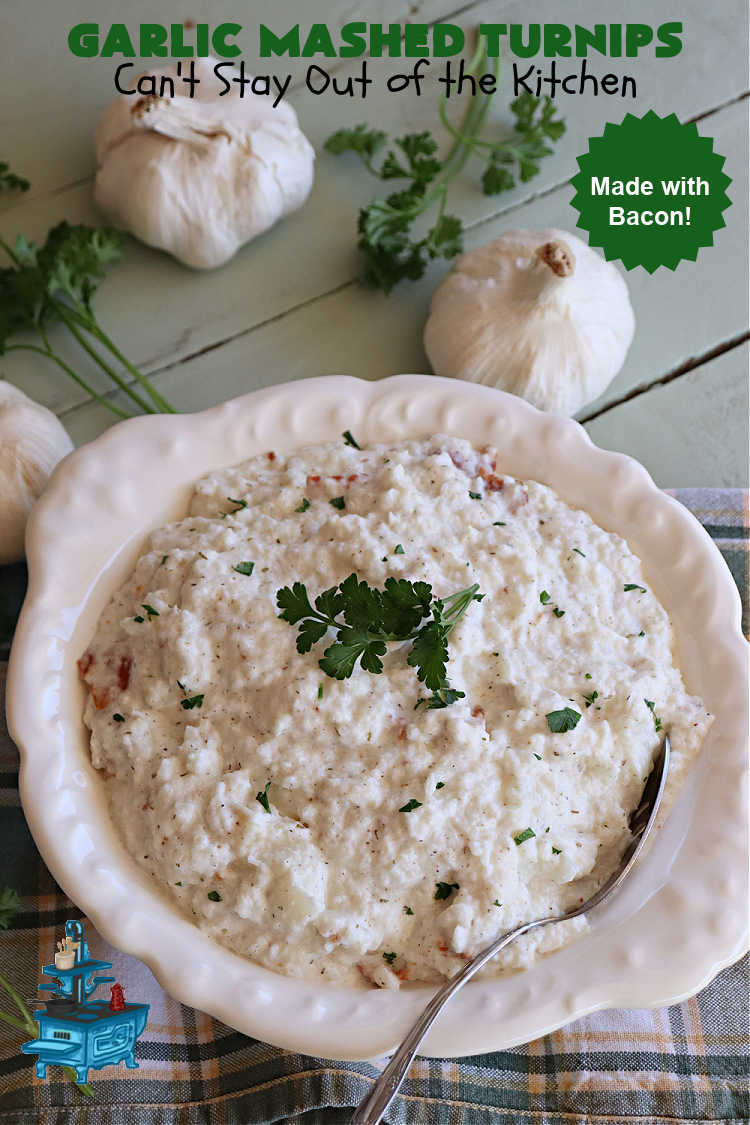 Garlic Mashed Turnips | Can't Stay Out of the Kitchen | this fabulous #SideDish is made like #GarlicMashedPotatoes but with #turnips instead. It also includes #bacon which adds a savory deliciousness that can' be beat. Terrific accompaniment for #Christmas, #Easter or #Thanksgiving dinners, company dinners or for #steak, #chicken or #pork. #garlic #GlutenFree #GarlicMashedTurnips