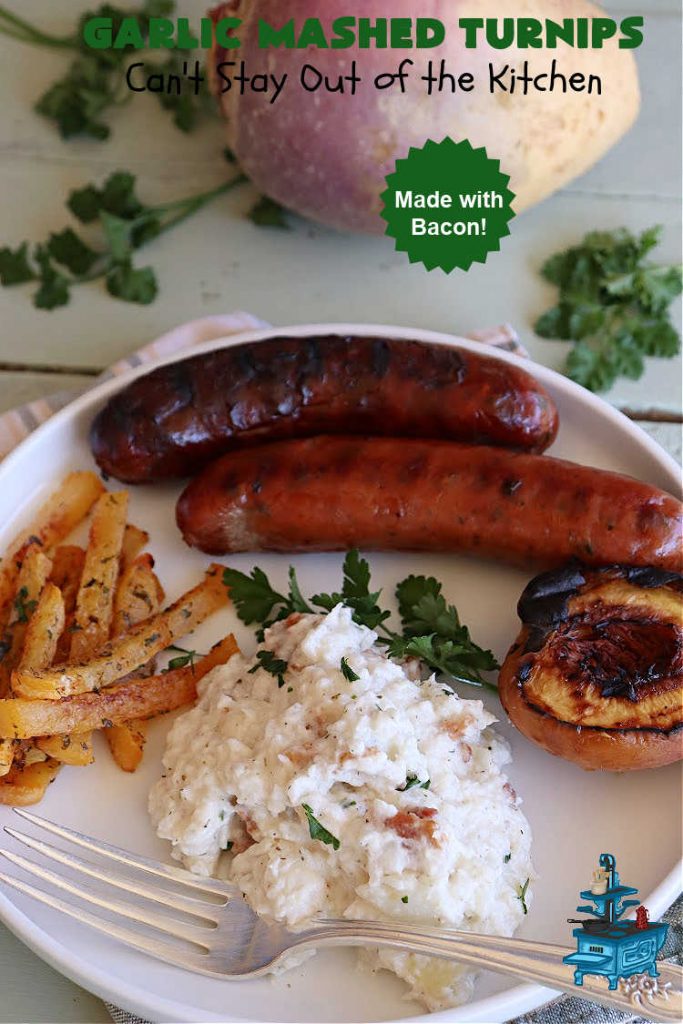 Garlic Mashed Turnips | Can't Stay Out of the Kitchen | this fabulous #SideDish is made like #GarlicMashedPotatoes but with #turnips instead. It also includes #bacon which adds a savory deliciousness that can' be beat. Terrific accompaniment for #Christmas, #Easter or #Thanksgiving dinners, company dinners or for #steak, #chicken or #pork. #garlic #GlutenFree #GarlicMashedTurnips