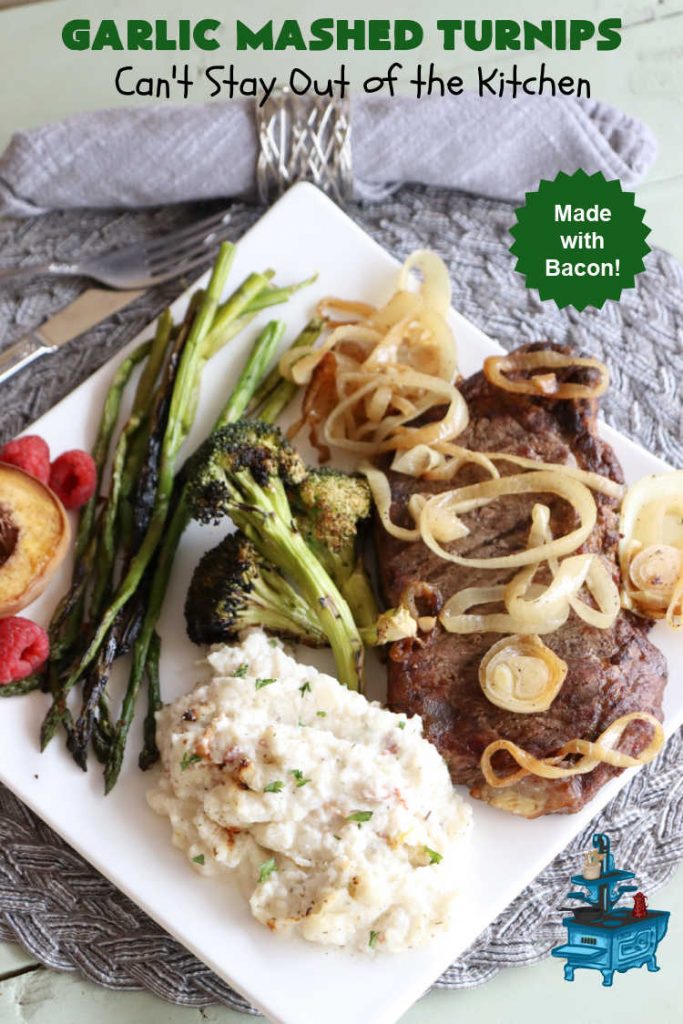 Garlic Mashed Turnips | Can't Stay Out of the Kitchen | this fabulous #SideDish is made like #GarlicMashedPotatoes but with #turnips instead. It also includes #bacon which adds a savory deliciousness that can' be beat. Terrific accompaniment for #Christmas, #Easter or #Thanksgiving dinners, company dinners or for #steak, #chicken or #pork. #garlic #GlutenFree #GarlicMashedTurnips