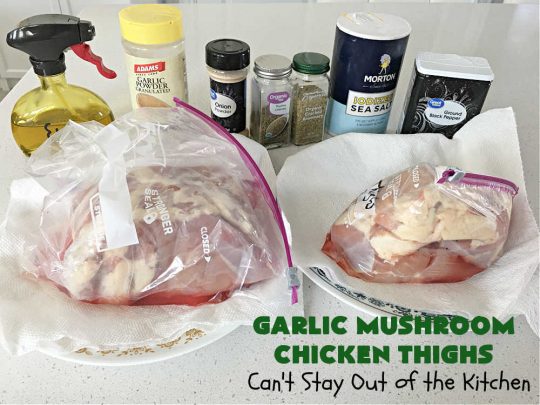 Garlic Mushroom Chicken Thighs | Can't Stay Out of the Kitchen | This is a fantastic 20-minute #chicken entree! It's the best #recipe I've found this year! I made it for a #potluck & everyone raved over it. It pairs well with any side dish & is great for family or company meals. #garlic #mushrooms #GlutenFree #GarlicMushroomChickenThighs