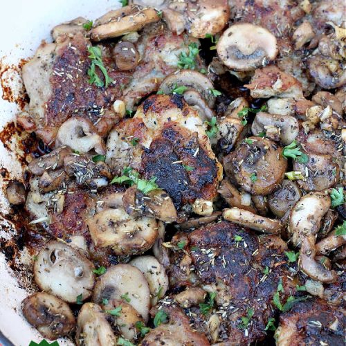 Garlic Mushroom Chicken Thighs | Can't Stay Out of the Kitchen | This is a fantastic 20-minute #chicken entree! It's the best #recipe I've found this year! I made it for a #potluck & everyone raved over it. It pairs well with any side dish & is great for family or company meals. #garlic #mushrooms #GlutenFree #GarlicMushroomChickenThighs