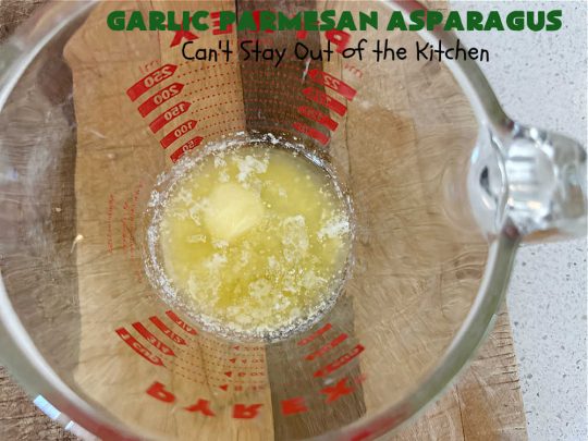 Garlic Parmesan Asparagus | Can't Stay Out of the Kitchen | this is a fantastic 4-ingredient #recipe for the #grill. New #asparagus is grilled and basted with an easy butter sauce including #garlic & #ParmesanCheese. This is a #healthy, #LowCalorie, #GlutenFree way to enjoy #asparagus. It's also a great #SideDish for family, company or #holiday dinners. #GarlicParmesanAsparagus
