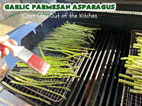 Garlic Parmesan Asparagus | Can't Stay Out of the Kitchen | this is a fantastic 4-ingredient #recipe for the #grill. New #asparagus is grilled and basted with an easy butter sauce including #garlic & #ParmesanCheese. This is a #healthy, #LowCalorie, #GlutenFree way to enjoy #asparagus. It's also a great #SideDish for family, company or #holiday dinners. #GarlicParmesanAsparagus