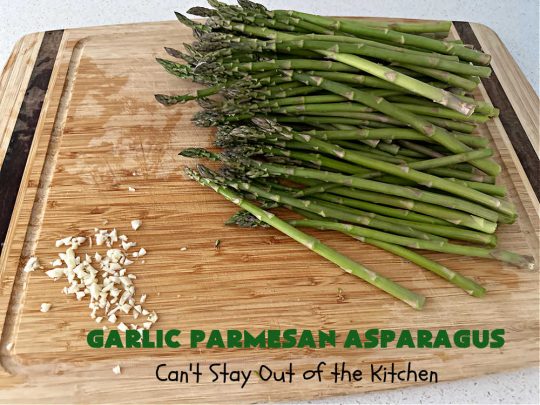 Garlic Parmesan Asparagus | Can't Stay Out of the Kitchen | this is a fantastic 4-ingredient #recipe for the #grill. New #asparagus is grilled and basted with an easy butter sauce including #garlic & #ParmesanCheese. This is a #healthy, #LowCalorie, #GlutenFree way to enjoy #asparagus. It's also a great #SideDish for family, company or #holiday dinners. #GarlicParmesanAsparagus