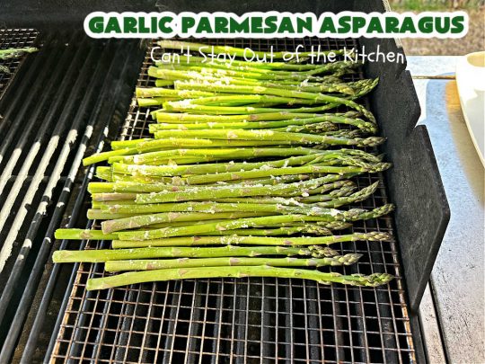 Garlic Parmesan Asparagus | Can't Stay Out of the Kitchen | this is a fantastic 4-ingredient #recipe for the #grill. New #asparagus is grilled and basted with an easy butter sauce including #garlic & #ParmesanCheese. This is a #healthy, #LowCalorie, #GlutenFree way to enjoy #asparagus. It's also a great #SideDish for family, company or #holiday dinners. #GarlicParmesanAsparagus