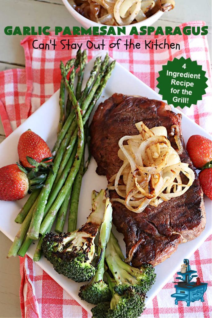 Garlic Parmesan Asparagus | Can't Stay Out of the Kitchen | this is a fantastic 4-ingredient #recipe for the #grill. New #asparagus is grilled and basted with an easy butter sauce including #garlic & #ParmesanCheese. This is a #healthy, #LowCalorie, #GlutenFree way to enjoy #asparagus. It's also a great #SideDish for family, company or #holiday dinners. #GarlicParmesanAsparagus