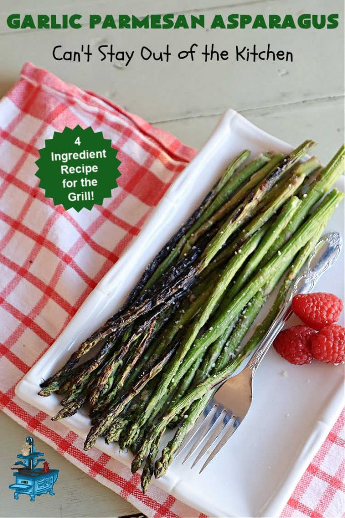 Garlic Parmesan Asparagus | Can't Stay Out of the Kitchen | this is a fantastic 4-ingredient #recipe for the #grill. New #asparagus is grilled and basted with an easy butter sauce including #garlic & #ParmesanCheese. This is a #healthy, #LowCalorie, #GlutenFree way to enjoy #asparagus. It's also a great #SideDish for family, company or #holiday dinners. #GarlicParmesanAsparagus