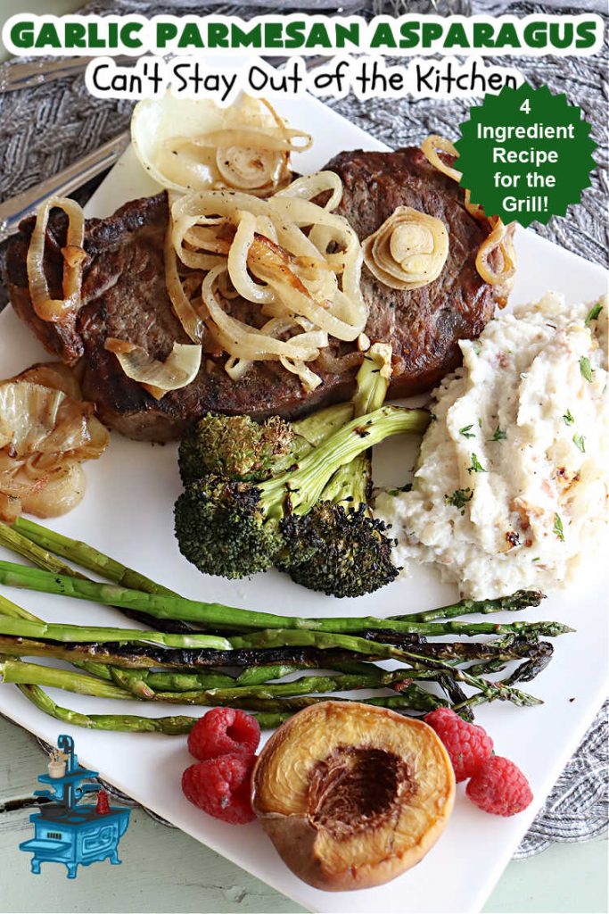 Garlic Parmesan Asparagus | Can't Stay Out of the Kitchen | this is a fantastic 4-ingredient #recipe for the #grill. New #asparagus is grilled and basted with an easy butter sauce including #garlic & #ParmesanCheese. This is a #healthy, #LowCalorie, #GlutenFree way to enjoy #asparagus. It's also a great #SideDish for family, company or #holiday dinners. #GarlicParmesanAsparagus