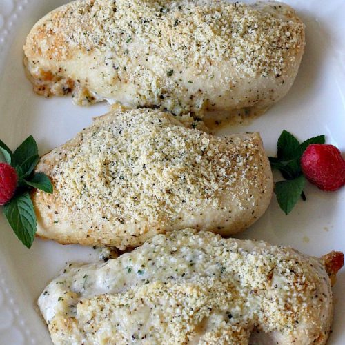 Garlic Parmesan Chicken | Can't Stay Out of the Kitchen | fantastic 3-ingredient #recipe that's so quick & easy to prepare. Terrific for week night or company dinners. #chicken #ParmesanCheese #GarlicParmesanChicken