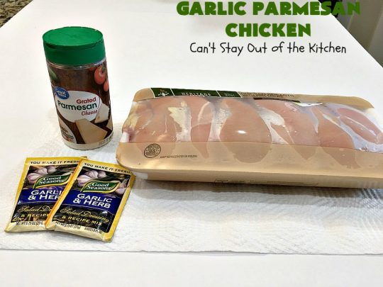 Garlic Parmesan Chicken | Can't Stay Out of the Kitchen | fantastic 3-ingredient #recipe that's so quick & easy to prepare. Terrific for week night or company dinners. #chicken #ParmesanCheese #GarlicParmesanChicken