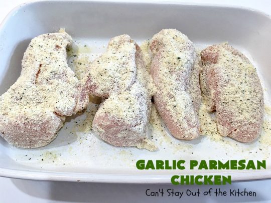 Garlic Parmesan Chicken | Can't Stay Out of the Kitchen | fantastic 3-ingredient #recipe that's so quick & easy to prepare. Terrific for week night or company dinners. #chicken #ParmesanCheese #GarlicParmesanChicken