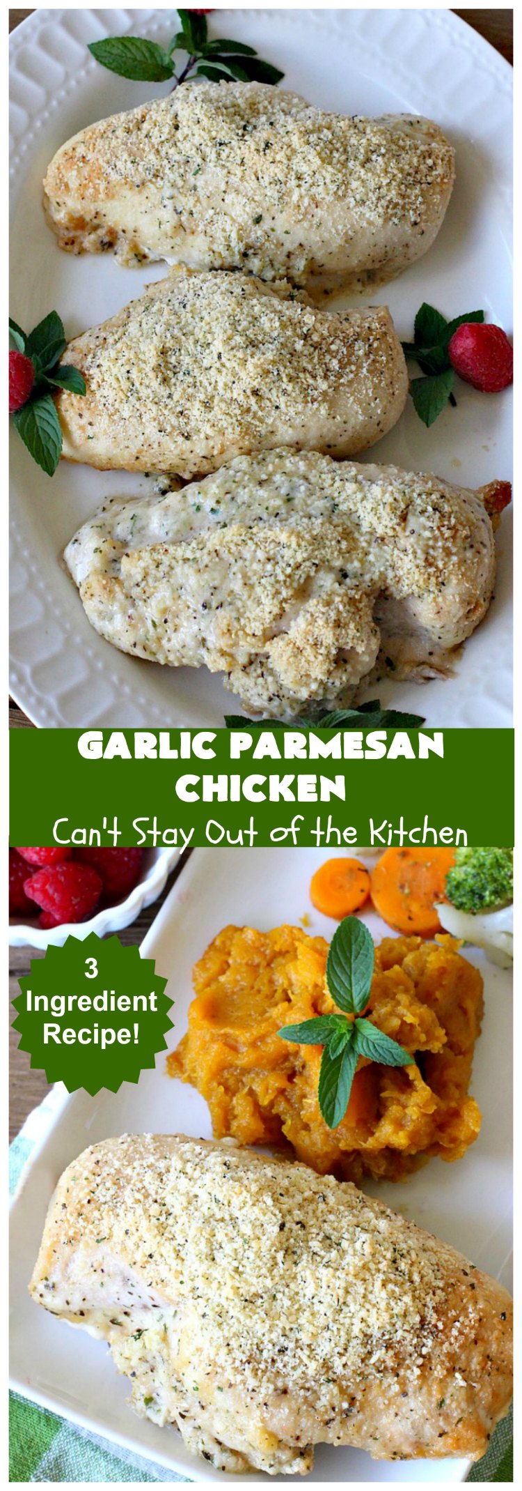 Garlic Parmesan Chicken | Can't Stay Out of the Kitchen | fantastic 3-ingredient #recipe that's so quick & easy to prepare. Terrific for week night or company dinners. #chicken #ParmesanCheese #GarlicParmesanChicken