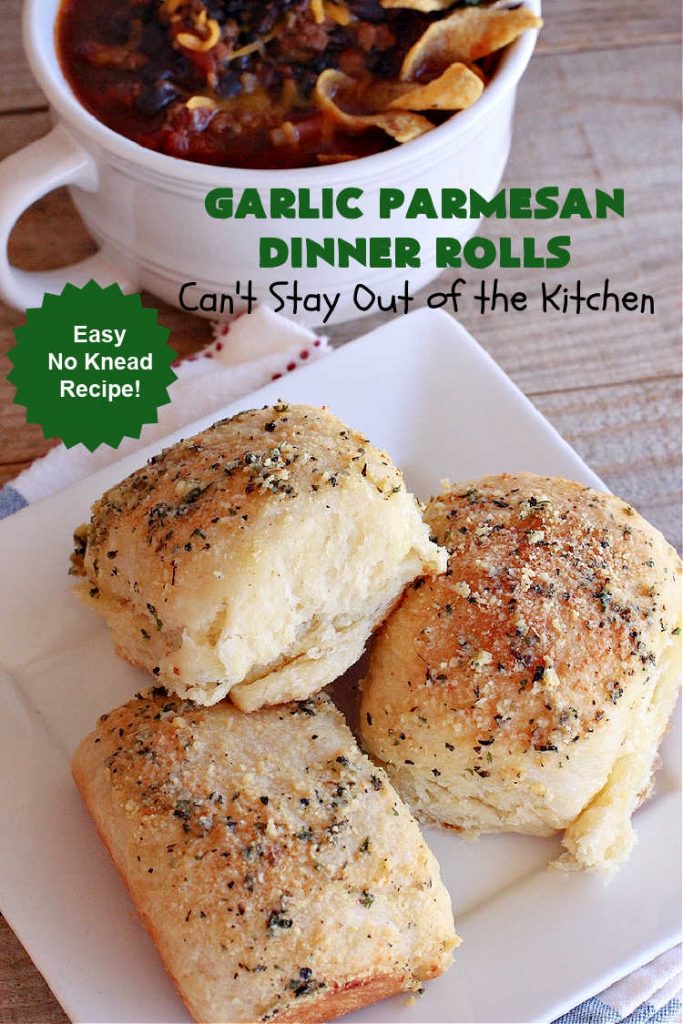 Garlic Parmesan Dinner Rolls | Can't Stay Out of the Kitchen | these #DinnerRolls are fantastic! They're easy to whip up since they're no-knead #rolls. #NoKneading #NoMixing! They're made in the #breadmaker. The rolls are glazed with a #garlic #parmesan #herb butter sauce and are totally mouthwatering. Great for #holidays, company dinners & especially any time you serve #pasta. Everyone will want seconds! #bread #GarlicParmesanDinnerRolls