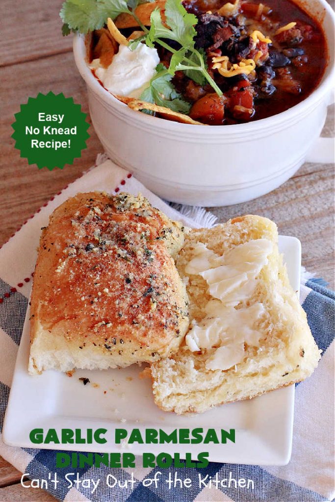 Garlic Parmesan Dinner Rolls | Can't Stay Out of the Kitchen | these #DinnerRolls are fantastic! They're easy to whip up since they're no-knead #rolls. #NoKneading #NoMixing! They're made in the #breadmaker. The rolls are glazed with a #garlic #parmesan #herb butter sauce and are totally mouthwatering. Great for #holidays, company dinners & especially any time you serve #pasta. Everyone will want seconds! #bread #GarlicParmesanDinnerRolls