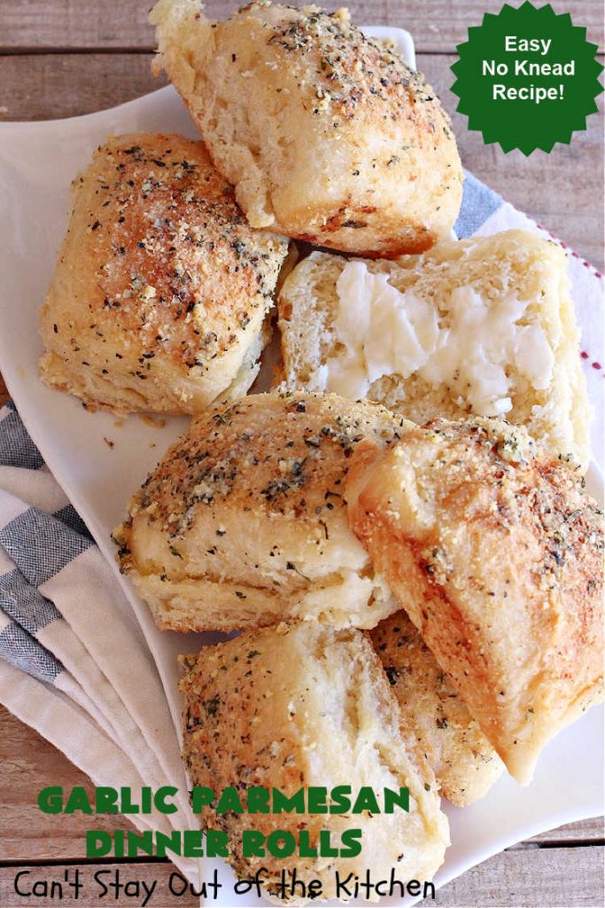 Garlic Parmesan Dinner Rolls | Can't Stay Out of the Kitchen | these #DinnerRolls are fantastic! They're easy to whip up since they're no-knead #rolls. #NoKneading #NoMixing! They're made in the #breadmaker. The rolls are glazed with a #garlic #parmesan #herb butter sauce and are totally mouthwatering. Great for #holidays, company dinners & especially any time you serve #pasta. Everyone will want seconds! #bread #GarlicParmesanDinnerRolls