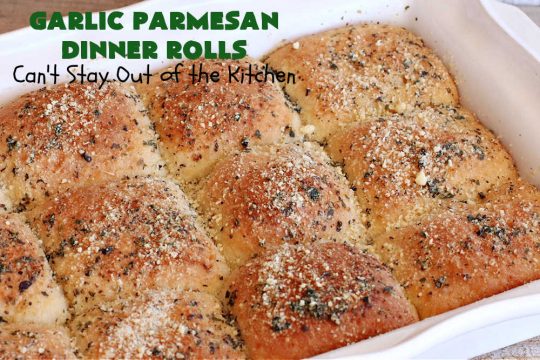 Garlic Parmesan Dinner Rolls | Can't Stay Out of the Kitchen | these #DinnerRolls are fantastic! They're easy to whip up since they're no-knead #rolls. #NoKneading #NoMixing! They're made in the #breadmaker. The rolls are glazed with a #garlic #parmesan #herb butter sauce and are totally mouthwatering. Great for #holidays, company dinners & especially any time you serve #pasta. Everyone will want seconds! #bread #GarlicParmesanDinnerRolls
