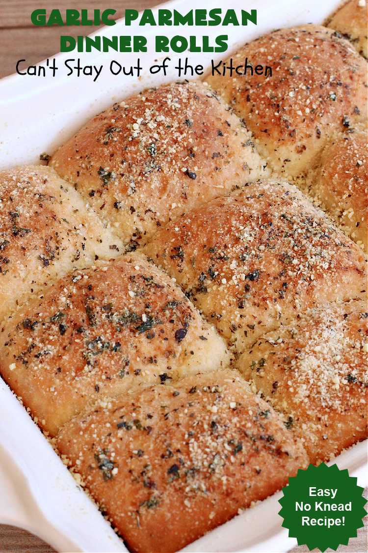 Garlic Parmesan Dinner Rolls | Can't Stay Out of the Kitchen | these #DinnerRolls are fantastic! They're easy to whip up since they're no-knead #rolls. #NoKneading #NoMixing! They're made in the #breadmaker. The rolls are glazed with a #garlic #parmesan #herb butter sauce and are totally mouthwatering. Great for #holidays, company dinners & especially any time you serve #pasta. Everyone will want seconds! #bread #GarlicParmesanDinnerRolls