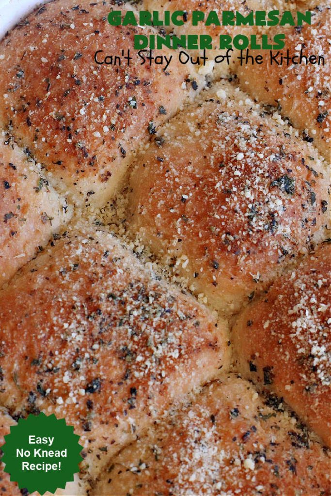 Garlic Parmesan Dinner Rolls | Can't Stay Out of the Kitchen | these #DinnerRolls are fantastic! They're easy to whip up since they're no-knead #rolls. #NoKneading #NoMixing! They're made in the #breadmaker. The rolls are glazed with a #garlic #parmesan #herb butter sauce and are totally mouthwatering. Great for #holidays, company dinners & especially any time you serve #pasta. Everyone will want seconds! #bread #GarlicParmesanDinnerRolls