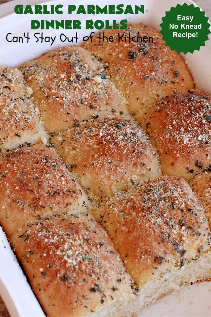 Garlic Parmesan Dinner Rolls | Can't Stay Out of the Kitchen | these #DinnerRolls are fantastic! They're easy to whip up since they're no-knead #rolls. #NoKneading #NoMixing! They're made in the #breadmaker. The rolls are glazed with a #garlic #parmesan #herb butter sauce and are totally mouthwatering. Great for #holidays, company dinners & especially any time you serve #pasta. Everyone will want seconds! #bread #GarlicParmesanDinnerRolls