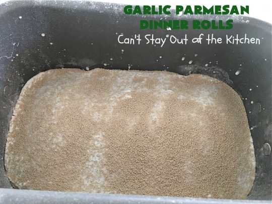 Garlic Parmesan Dinner Rolls | Can't Stay Out of the Kitchen | these #DinnerRolls are fantastic! They're easy to whip up since they're no-knead #rolls. #NoKneading #NoMixing! They're made in the #breadmaker. The rolls are glazed with a #garlic #parmesan #herb butter sauce and are totally mouthwatering. Great for #holidays, company dinners & especially any time you serve #pasta. Everyone will want seconds! #bread #GarlicParmesanDinnerRolls