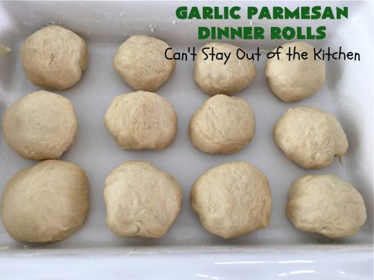 Garlic Parmesan Dinner Rolls | Can't Stay Out of the Kitchen | these #DinnerRolls are fantastic! They're easy to whip up since they're no-knead #rolls. #NoKneading #NoMixing! They're made in the #breadmaker. The rolls are glazed with a #garlic #parmesan #herb butter sauce and are totally mouthwatering. Great for #holidays, company dinners & especially any time you serve #pasta. Everyone will want seconds! #bread #GarlicParmesanDinnerRolls