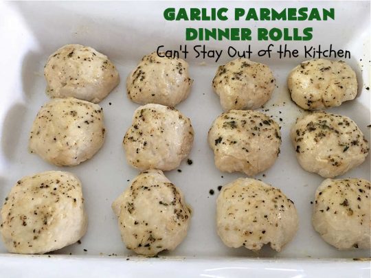 Garlic Parmesan Dinner Rolls | Can't Stay Out of the Kitchen | these #DinnerRolls are fantastic! They're easy to whip up since they're no-knead #rolls. #NoKneading #NoMixing! They're made in the #breadmaker. The rolls are glazed with a #garlic #parmesan #herb butter sauce and are totally mouthwatering. Great for #holidays, company dinners & especially any time you serve #pasta. Everyone will want seconds! #bread #GarlicParmesanDinnerRolls