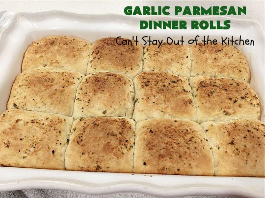 Garlic Parmesan Dinner Rolls | Can't Stay Out of the Kitchen | these #DinnerRolls are fantastic! They're easy to whip up since they're no-knead #rolls. #NoKneading #NoMixing! They're made in the #breadmaker. The rolls are glazed with a #garlic #parmesan #herb butter sauce and are totally mouthwatering. Great for #holidays, company dinners & especially any time you serve #pasta. Everyone will want seconds! #bread #GarlicParmesanDinnerRolls