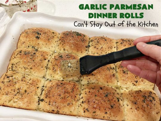 Garlic Parmesan Dinner Rolls | Can't Stay Out of the Kitchen | these #DinnerRolls are fantastic! They're easy to whip up since they're no-knead #rolls. #NoKneading #NoMixing! They're made in the #breadmaker. The rolls are glazed with a #garlic #parmesan #herb butter sauce and are totally mouthwatering. Great for #holidays, company dinners & especially any time you serve #pasta. Everyone will want seconds! #bread #GarlicParmesanDinnerRolls