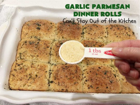 Garlic Parmesan Dinner Rolls | Can't Stay Out of the Kitchen | these #DinnerRolls are fantastic! They're easy to whip up since they're no-knead #rolls. #NoKneading #NoMixing! They're made in the #breadmaker. The rolls are glazed with a #garlic #parmesan #herb butter sauce and are totally mouthwatering. Great for #holidays, company dinners & especially any time you serve #pasta. Everyone will want seconds! #bread #GarlicParmesanDinnerRolls