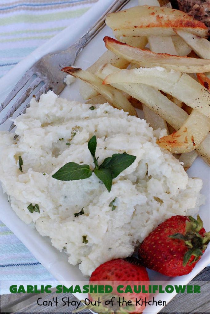 Garlic Smashed Cauliflower | Can't Stay Out of the Kitchen | try this #keto version of #cauliflower that tastes almost like eating #GarlicMashedPotatoes but uses cauliflower instead. Perfect dish for company or #holiday dinners. #GlutenFree #HolidaySideDish #GarlicSmashedCauliflower
