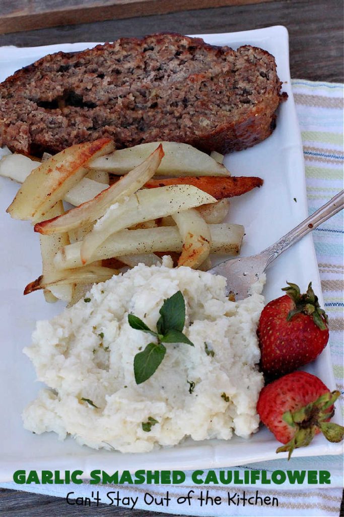 Garlic Smashed Cauliflower | Can't Stay Out of the Kitchen | try this #keto version of #cauliflower that tastes almost like eating #GarlicMashedPotatoes but uses cauliflower instead. Perfect dish for company or #holiday dinners. #GlutenFree #HolidaySideDish #GarlicSmashedCauliflower