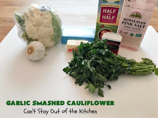 Garlic Smashed Cauliflower | Can't Stay Out of the Kitchen | try this #keto version of #cauliflower that tastes almost like eating #GarlicMashedPotatoes but uses cauliflower instead. Perfect dish for company or #holiday dinners. #GlutenFree #HolidaySideDish #GarlicSmashedCauliflower