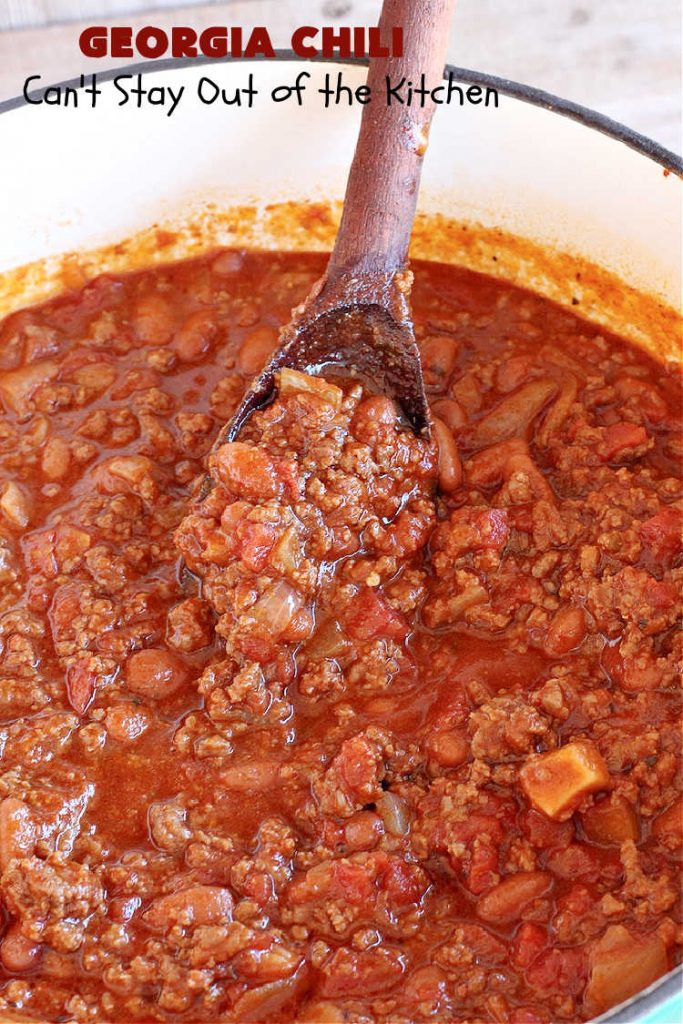 Georgia Chili | Can't Stay Out of the Kitchen | this amazing #chili will knock your socks off! It's perfect for weeknight dinners or company! The texture is heavenly & the taste awesome. #GroundBeef #ChiliBeans #GeorgiaChili
