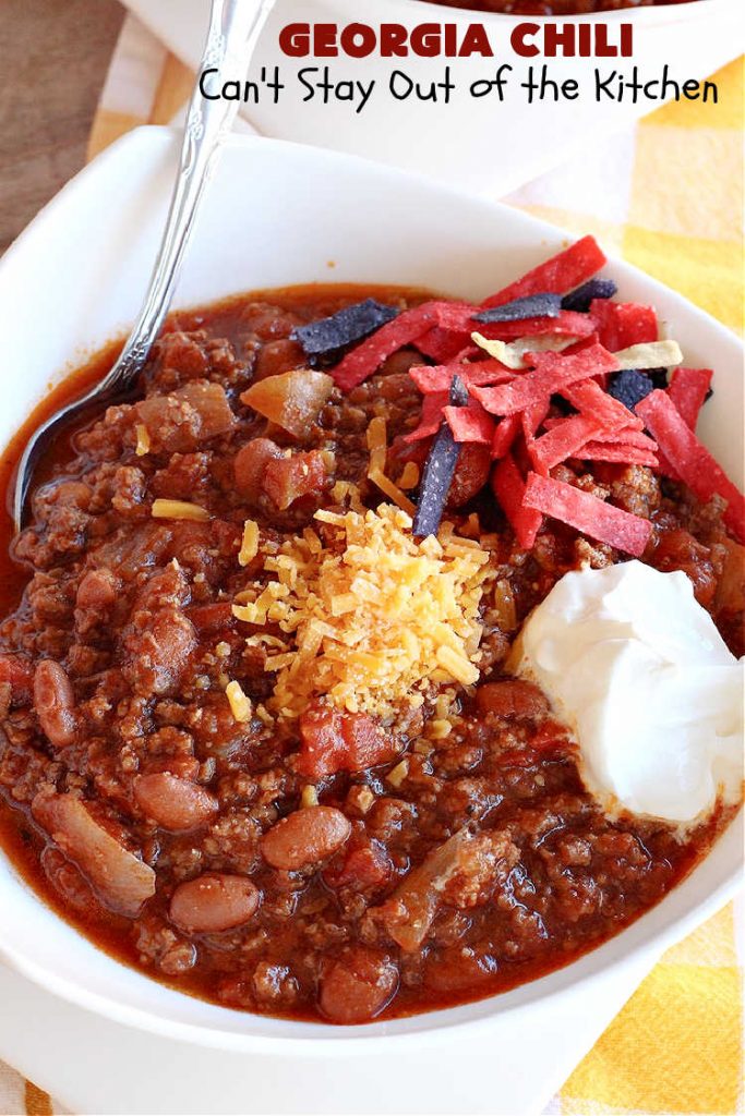 Georgia Chili | Can't Stay Out of the Kitchen | this amazing #chili will knock your socks off! It's perfect for weeknight dinners or company! The texture is heavenly & the taste awesome. #GroundBeef #ChiliBeans #GeorgiaChili