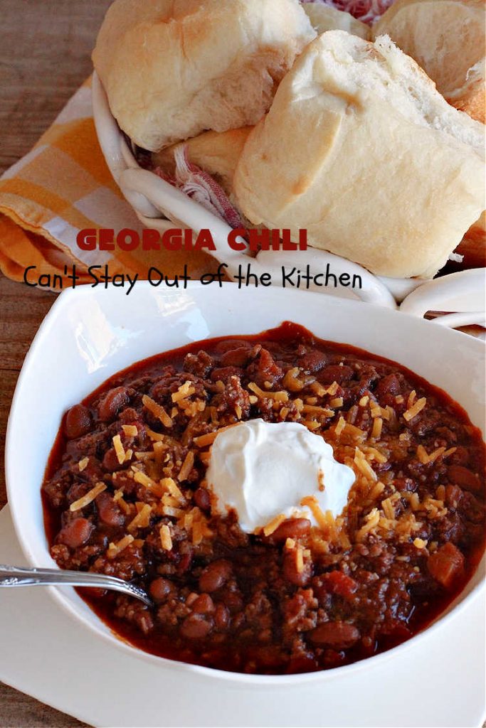 Georgia Chili | Can't Stay Out of the Kitchen | this amazing #chili will knock your socks off! It's perfect for weeknight dinners or company! The texture is heavenly & the taste awesome. #GroundBeef #ChiliBeans #GeorgiaChili