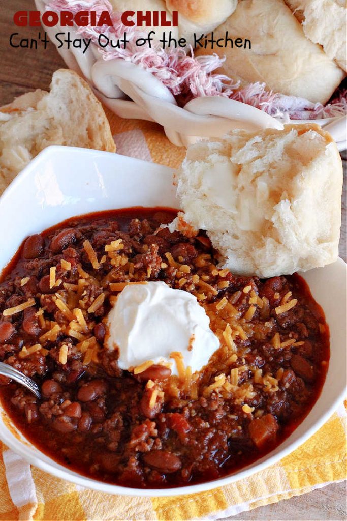 Georgia Chili | Can't Stay Out of the Kitchen | this amazing #chili will knock your socks off! It's perfect for weeknight dinners or company! The texture is heavenly & the taste awesome. #GroundBeef #ChiliBeans #GeorgiaChili