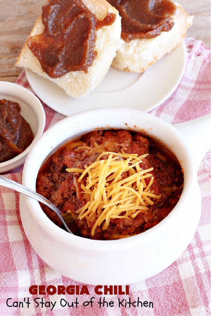 Georgia Chili | Can't Stay Out of the Kitchen | this amazing #chili will knock your socks off! It's perfect for weeknight dinners or company! The texture is heavenly & the taste awesome. #GroundBeef #ChiliBeans #GeorgiaChili