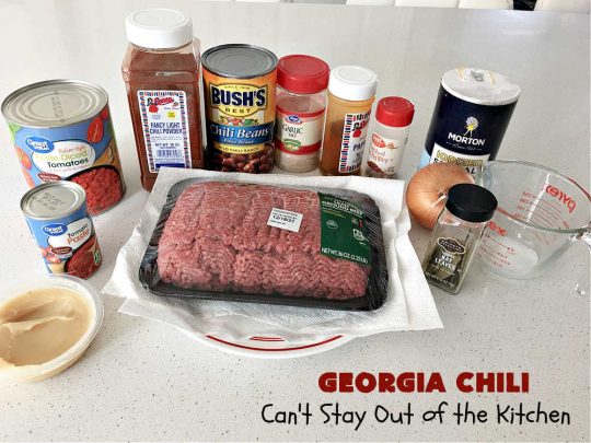 Georgia Chili | Can't Stay Out of the Kitchen | this amazing #chili will knock your socks off! It's perfect for weeknight dinners or company! The texture is heavenly & the taste awesome. #GroundBeef #ChiliBeans #GeorgiaChili