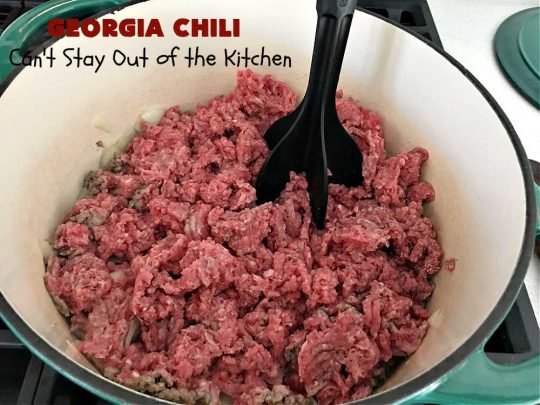 Georgia Chili | Can't Stay Out of the Kitchen | this amazing #chili will knock your socks off! It's perfect for weeknight dinners or company! The texture is heavenly & the taste awesome. #GroundBeef #ChiliBeans #GeorgiaChili
