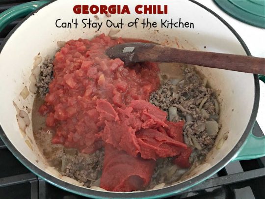 Georgia Chili | Can't Stay Out of the Kitchen | this amazing #chili will knock your socks off! It's perfect for weeknight dinners or company! The texture is heavenly & the taste awesome. #GroundBeef #ChiliBeans #GeorgiaChili