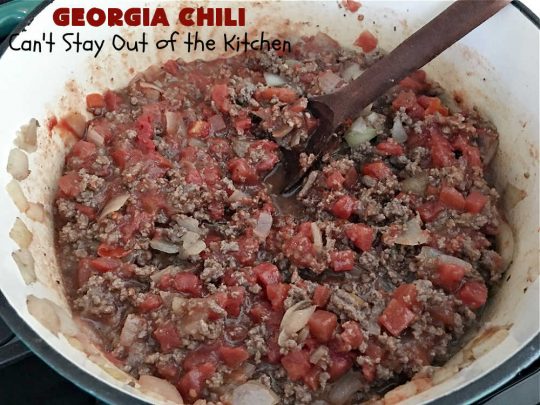 Georgia Chili | Can't Stay Out of the Kitchen | this amazing #chili will knock your socks off! It's perfect for weeknight dinners or company! The texture is heavenly & the taste awesome. #GroundBeef #ChiliBeans #GeorgiaChili