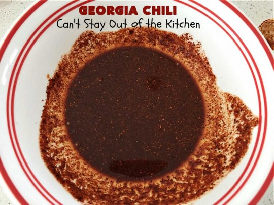 Georgia Chili | Can't Stay Out of the Kitchen | this amazing #chili will knock your socks off! It's perfect for weeknight dinners or company! The texture is heavenly & the taste awesome. #GroundBeef #ChiliBeans #GeorgiaChili