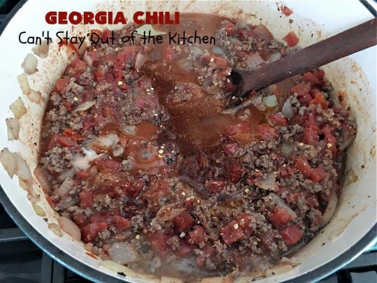 Georgia Chili | Can't Stay Out of the Kitchen | this amazing #chili will knock your socks off! It's perfect for weeknight dinners or company! The texture is heavenly & the taste awesome. #GroundBeef #ChiliBeans #GeorgiaChili