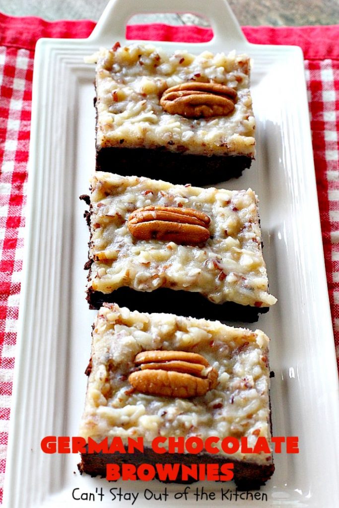 German Chocolate Brownies | Can't Stay Out of the Kitchen | these sensational #brownies have a thick, dense, fudgy #chocolate layer topped with #coconut #pecan icing. These are seriously addictive! #dessert