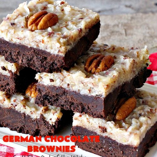 German Chocolate Brownies | Can't Stay Out of the Kitchen | these sensational #brownies have a thick, dense, fudgy #chocolate layer topped with #coconut #pecan icing. These are seriously addictive! #dessert