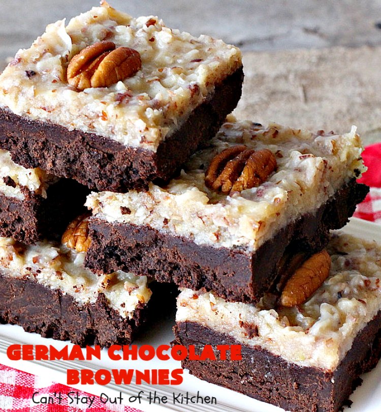 German Chocolate Brownies | Can't Stay Out of the Kitchen | these sensational #brownies have a thick, dense, fudgy #chocolate layer topped with #coconut #pecan icing. These are seriously addictive! #dessert